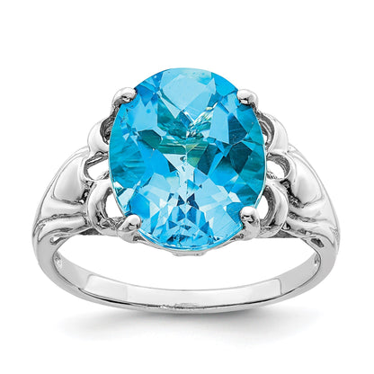 Sterling Silver Rhodium Oval Checker-Cut Blue Topaz Gemstone Birthstone Ring Fine Jewelry Gift for Her