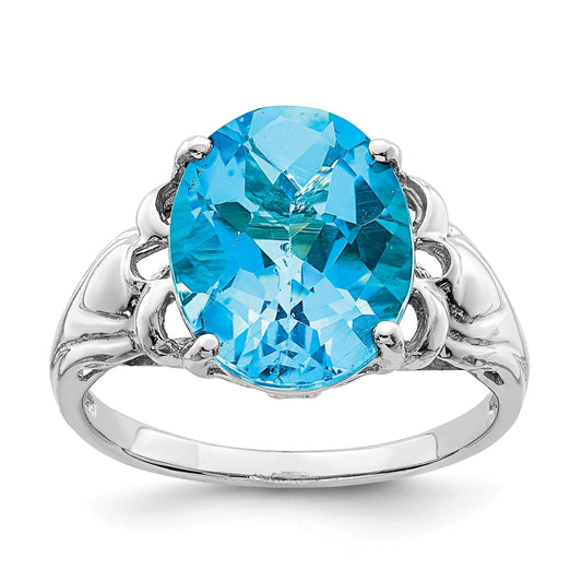 Sterling Silver Rhodium Oval Checker-Cut Blue Topaz Gemstone Birthstone Ring Fine Jewelry Gift for Her