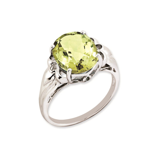 Sterling Silver 14K White Gold Plated Oval Checker-Cut Lemon Quartz Gemstone Birthstone Ring Fine Jewelry Gift for Her