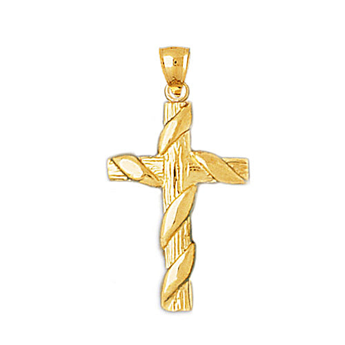 14K Gold Woodgrain Cross with Scarf Pendant