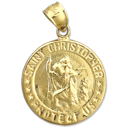 14K Gold 18MM Saint Christopher Medallion Protect Us Charm