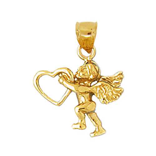 14K Gold Floating Heart Cherub Angel Charm