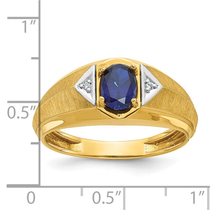 14k Yellow Gold Men's Created Sapphire and Diamond Satin Complete Ring