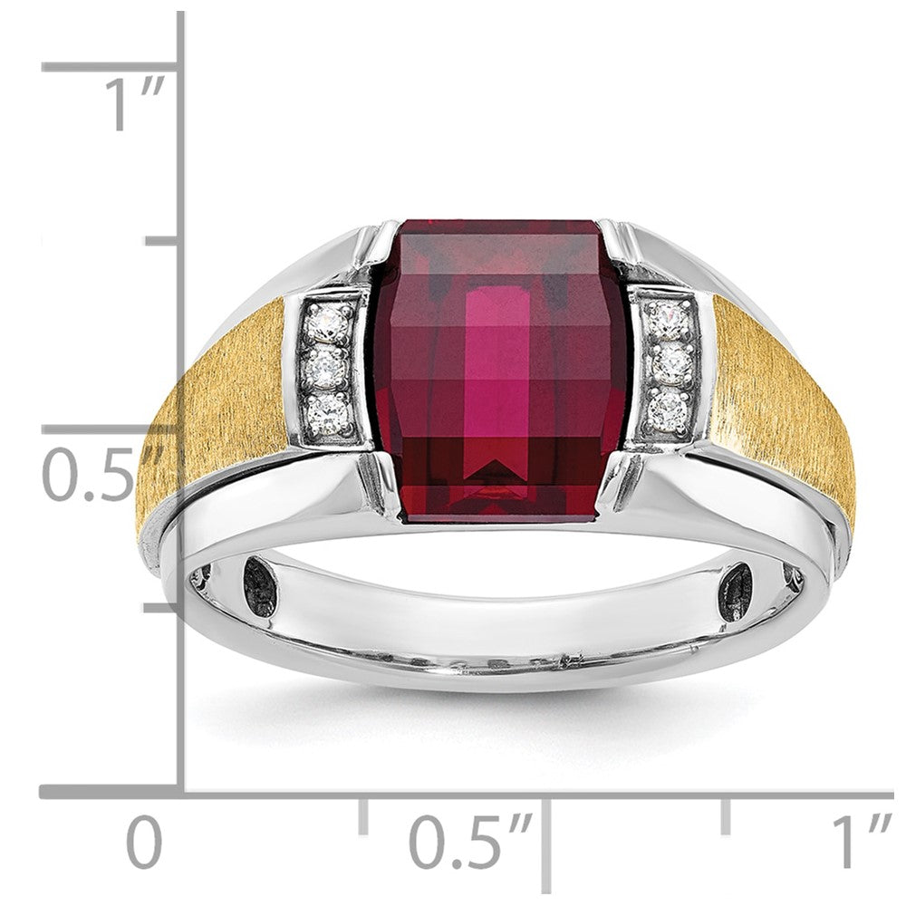 14k Two-tone Gold Men's Satin Created Ruby and 1/20 carat Diamond Complete Ring