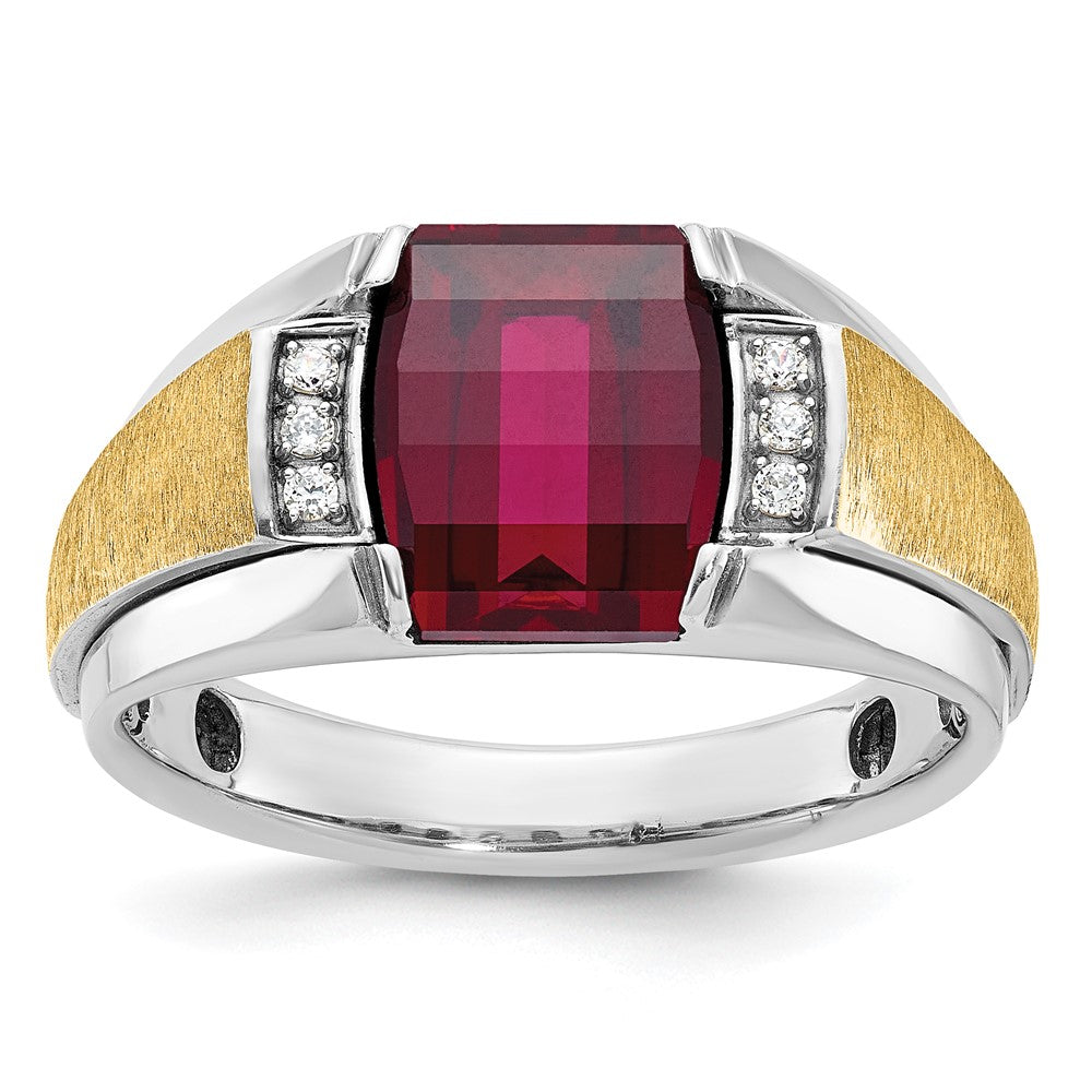 14k Two-tone Gold Men's Satin Created Ruby and 1/20 carat Diamond Complete Ring