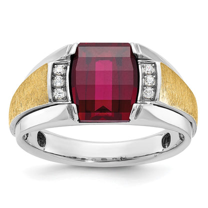 14k Two-tone Gold Men's Satin Created Ruby and 1/20 carat Diamond Complete Ring