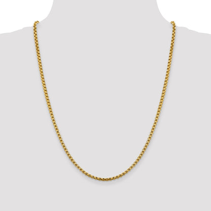 14K Yellow Gold 24 inch 3.6mm Semi-Solid Round Box with Lobster Clasp Chain Necklace