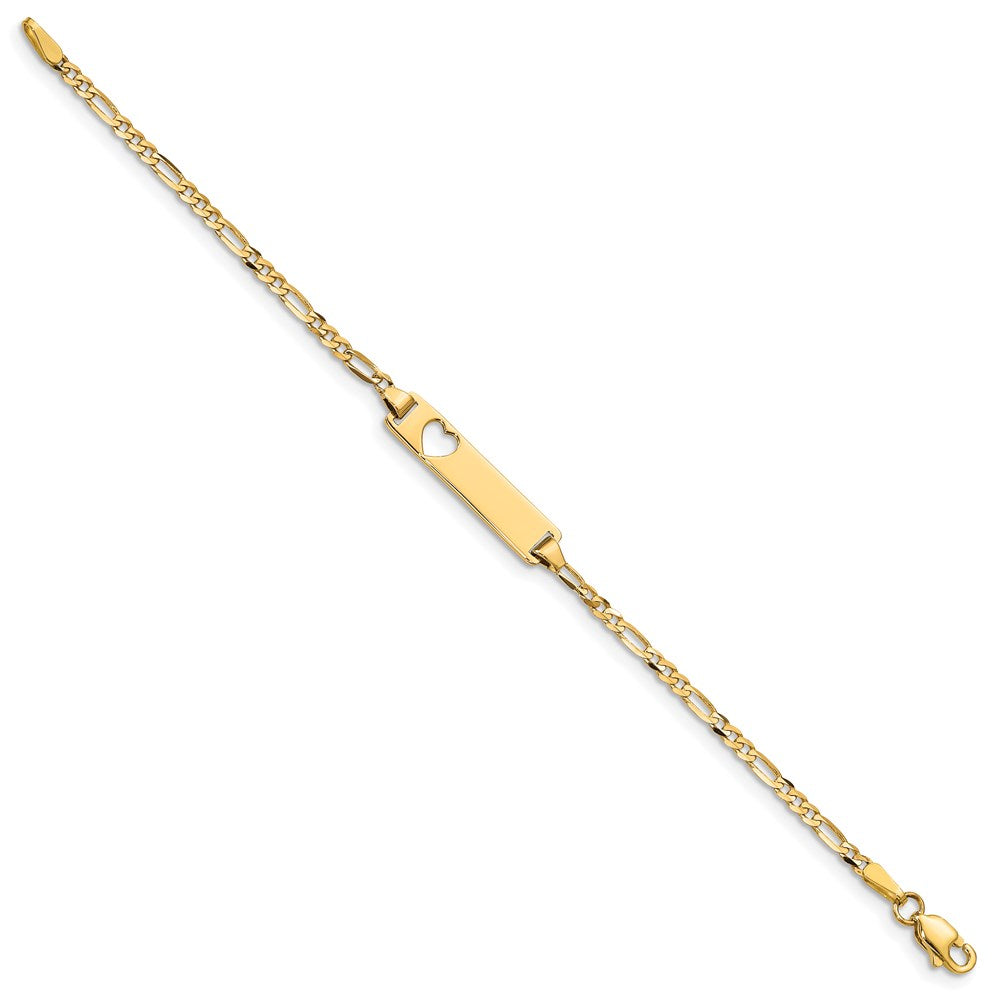 Solid 14K Yellow Gold Cut-out Heart Figaro Link ID Bracelet