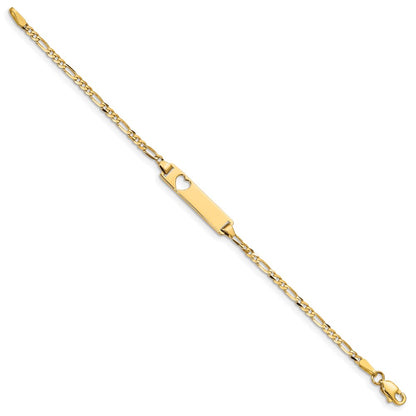 Solid 14K Yellow Gold Cut-out Heart Figaro Link ID Bracelet