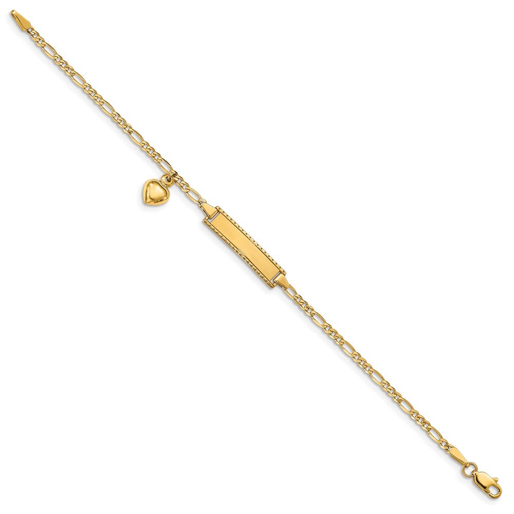 Solid 14K Yellow Gold Dangling Heart Children's Figaro Link ID Bracelet