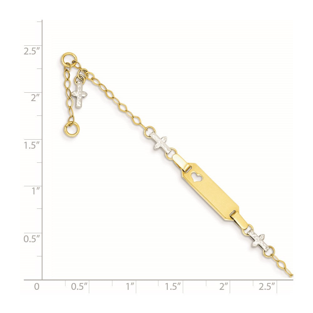 Solid 14K Two-tone Gold Baby Polished and Textured Cross w/1in ext. ID Bracelet