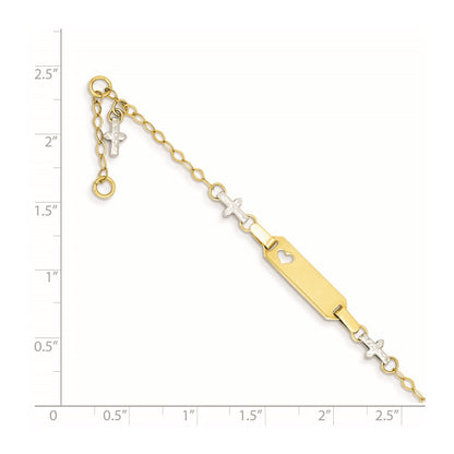 Solid 14K Two-tone Gold Baby Polished and Textured Cross w/1in ext. ID Bracelet
