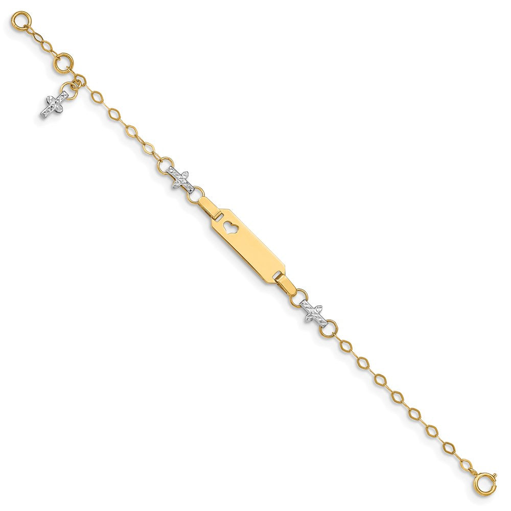 Solid 14K Two-tone Gold Baby Polished and Textured Cross w/1in ext. ID Bracelet
