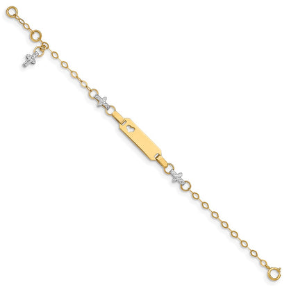 Solid 14K Two-tone Gold Baby Polished and Textured Cross w/1in ext. ID Bracelet
