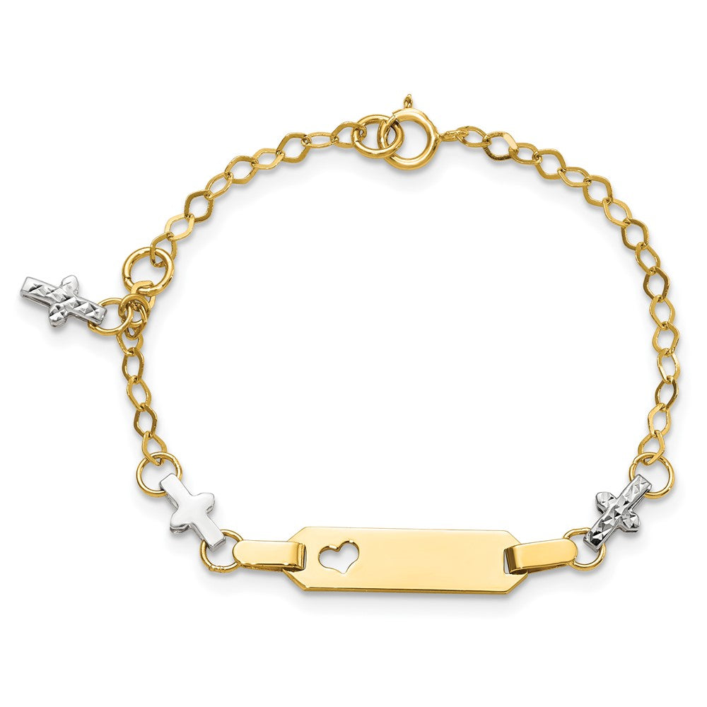 Solid 14K Two-tone Gold Baby Polished and Textured Cross w/1in ext. ID Bracelet