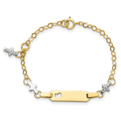 Solid 14K Two-tone Gold Baby Polished and Textured Cross w/1in ext. ID Bracelet
