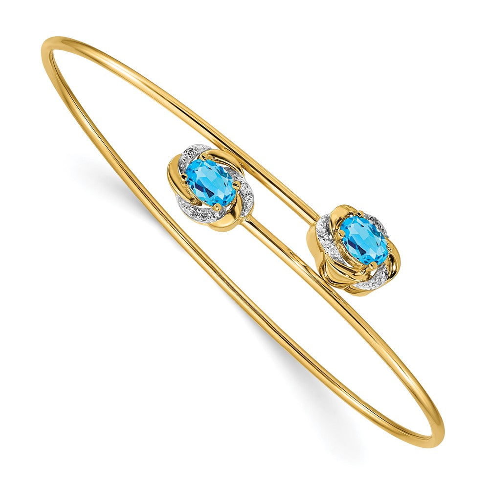 14k Yellow Gold Polished .03ct Natural Diamond and Blue Topaz Flexible Bangle