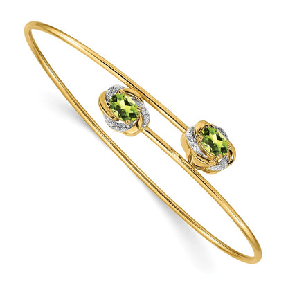 14k Yellow Gold Polished .03ct Natural Diamond and Peridot Flexible Bangle