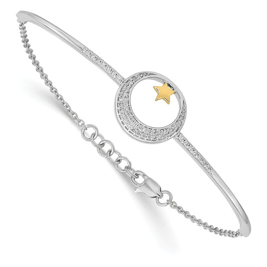 14k Two-tone Polish Moon w/Star Natural Diamond 7in w/.5in ext Bracelet