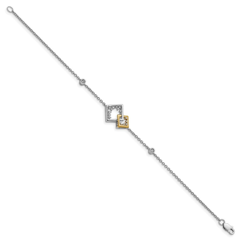 14k Two-tone Polished Double Square Natural Diamond 7in Bracelet