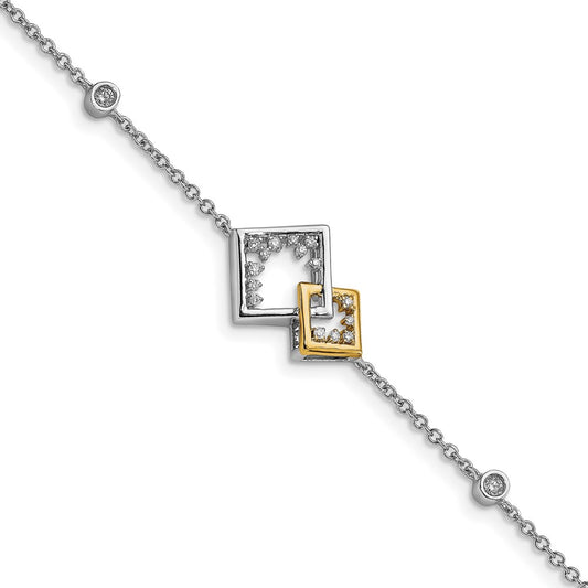 14k Two-tone Polished Double Square Natural Diamond 7in Bracelet