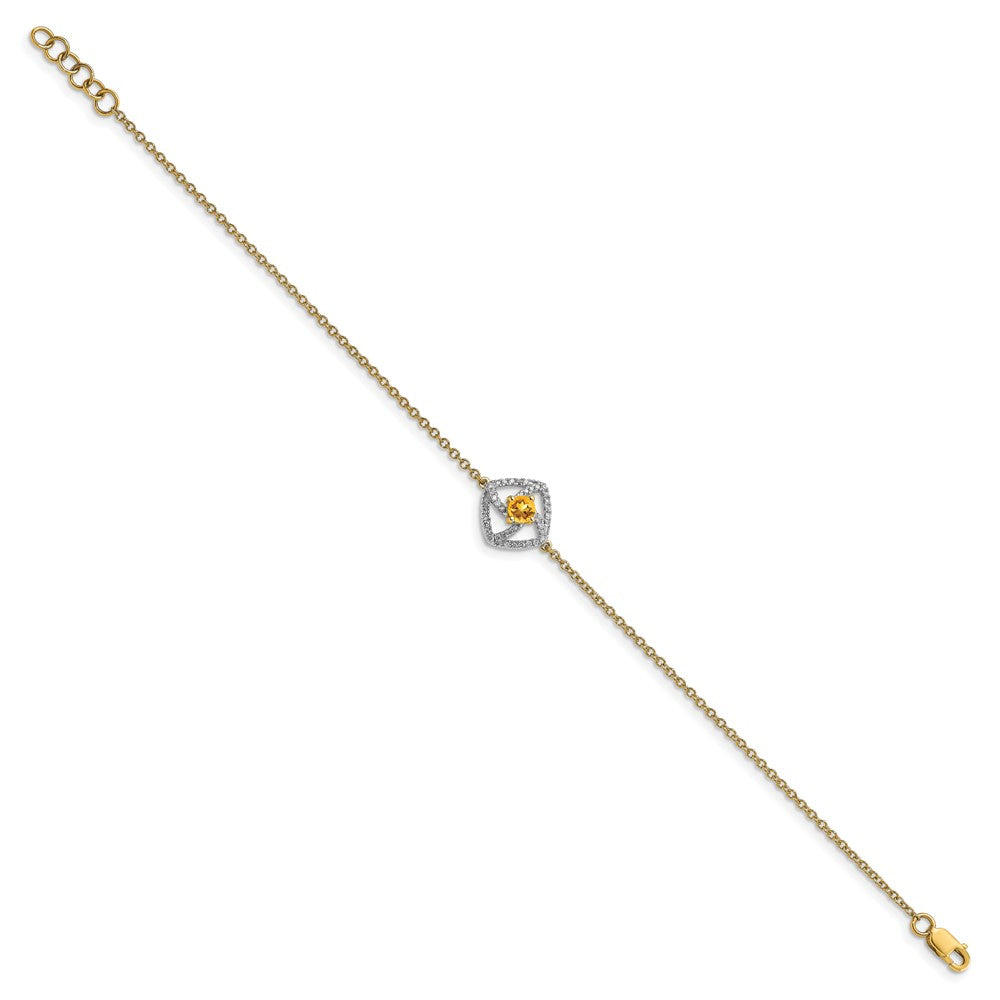 14k Yellow Gold Polished Natural Diamond and Citrine Squares 7in Bracelet