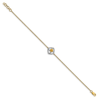 14k Yellow Gold Polished Natural Diamond and Citrine Squares 7in Bracelet