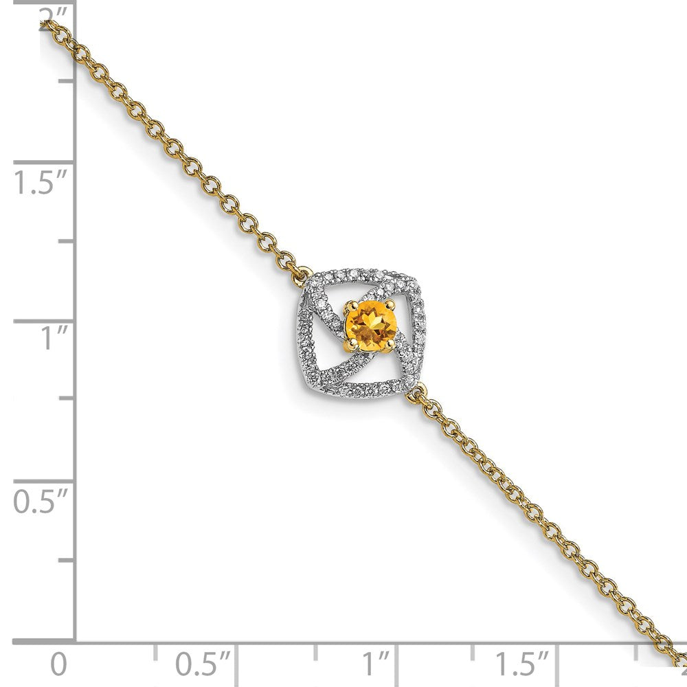14k Yellow Gold Polished Natural Diamond and Citrine Squares 7in Bracelet