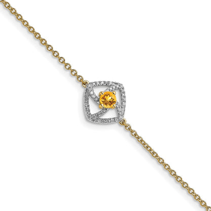 14k Yellow Gold Polished Natural Diamond and Citrine Squares 7in Bracelet