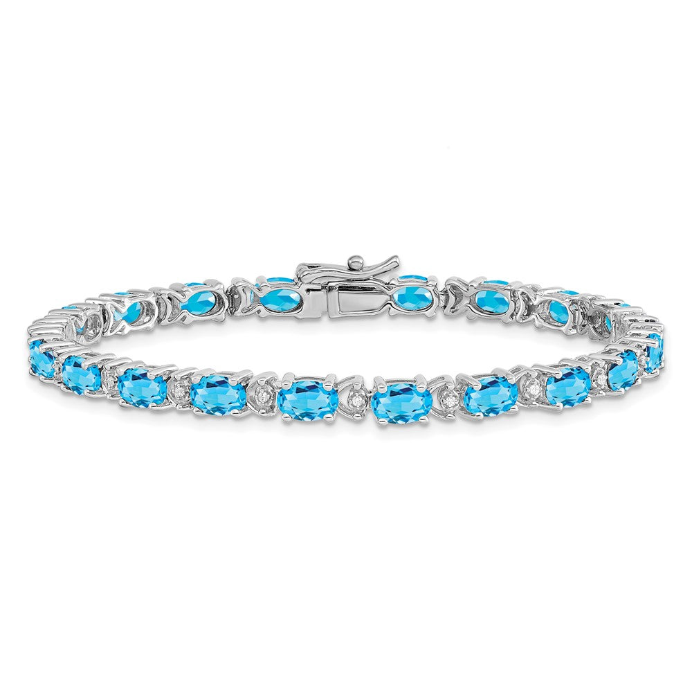 14k White Gold Oval Blue Topaz and Natural Diamond Bracelet