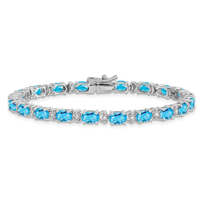 14k White Gold Oval Blue Topaz and Natural Diamond Bracelet