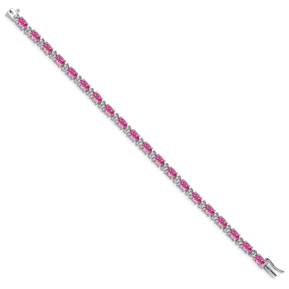 14k White Gold Oval Created Pink Sapphire and Natural Diamond Bracelet
