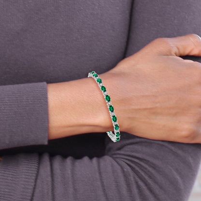 14k White Gold Oval Created Emerald and Natural Diamond Bracelet