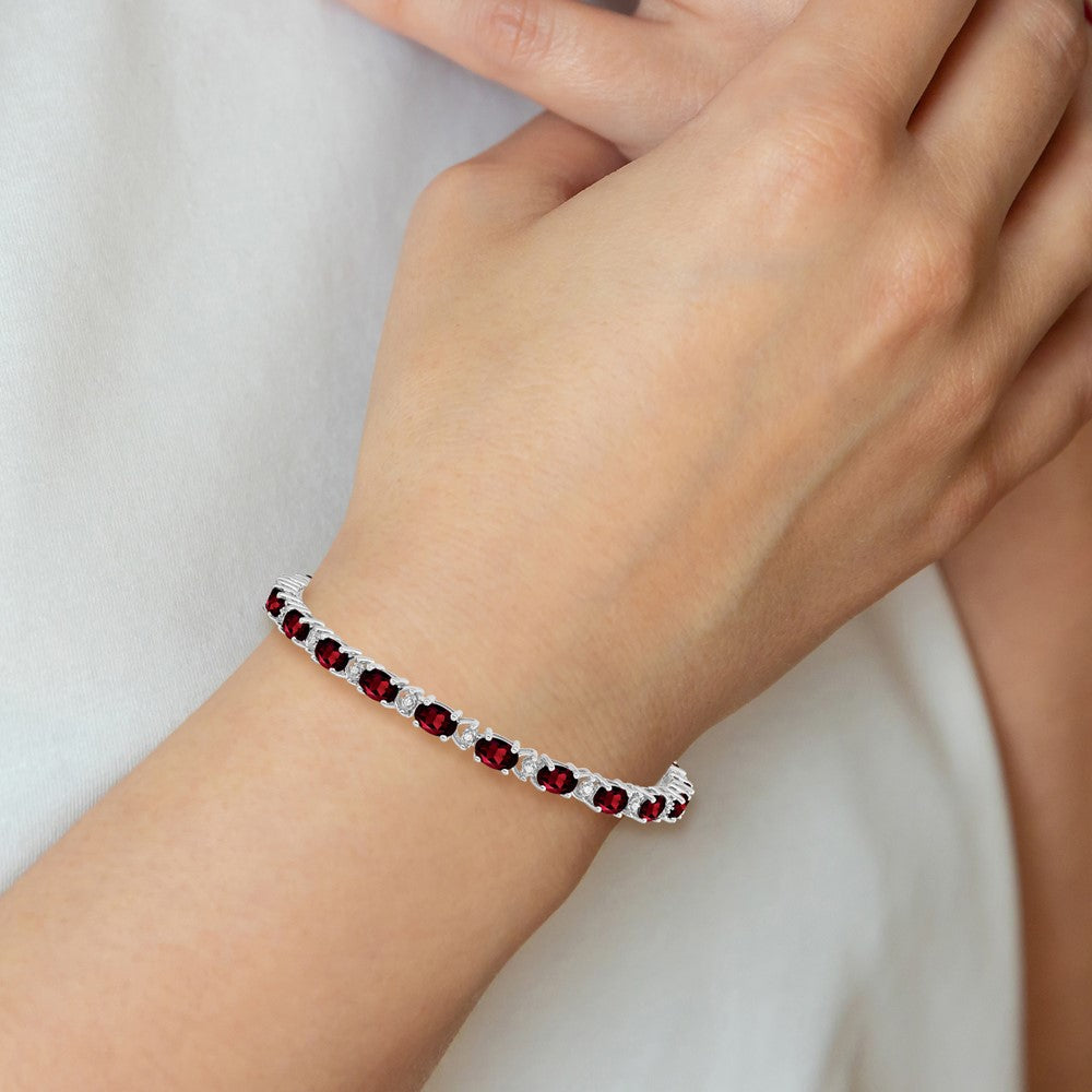 14k White Gold Oval Garnet and Natural Diamond Bracelet