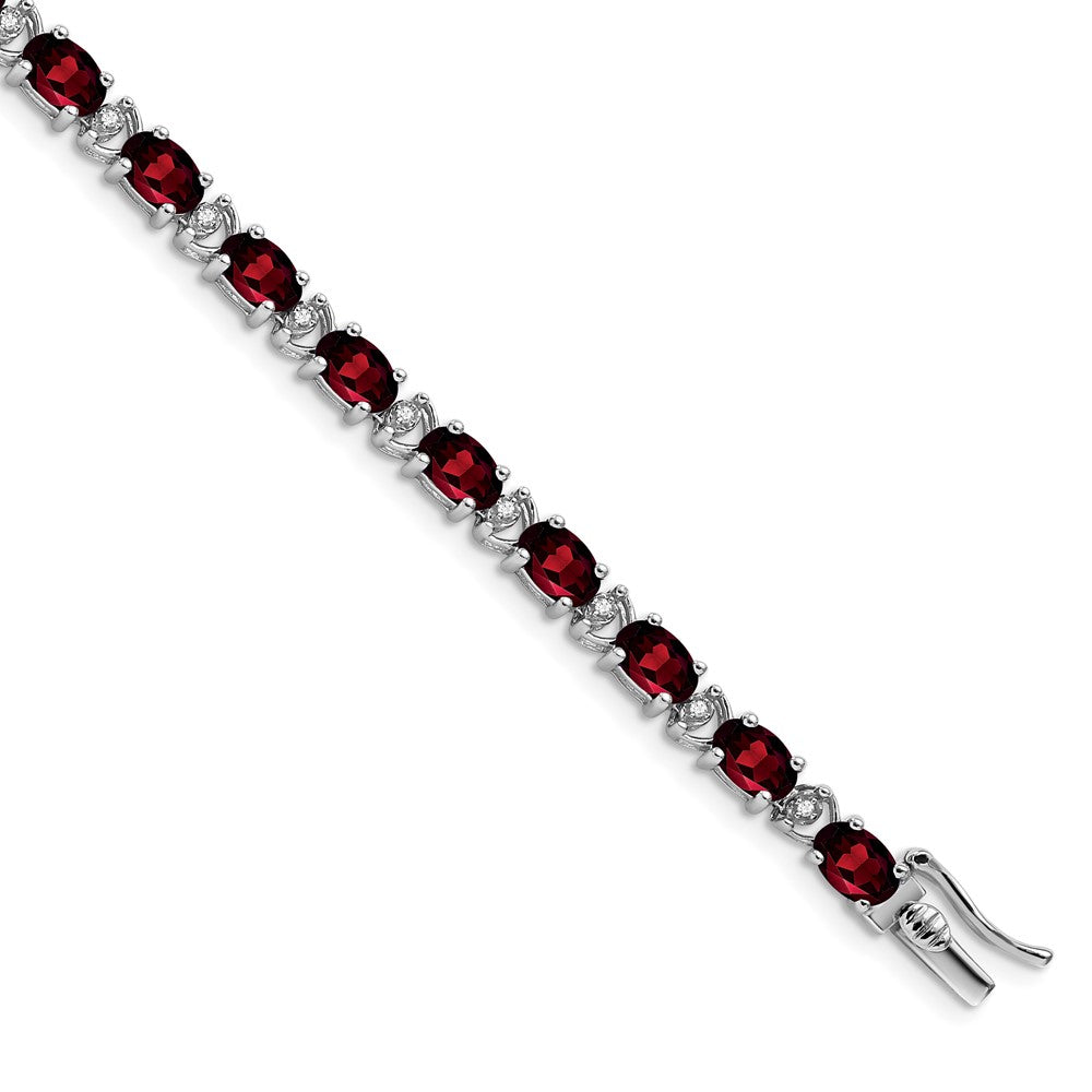 14k White Gold Oval Garnet and Natural Diamond Bracelet