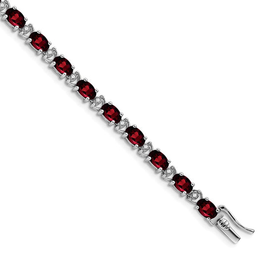 14k White Gold Oval Garnet and Natural Diamond Bracelet