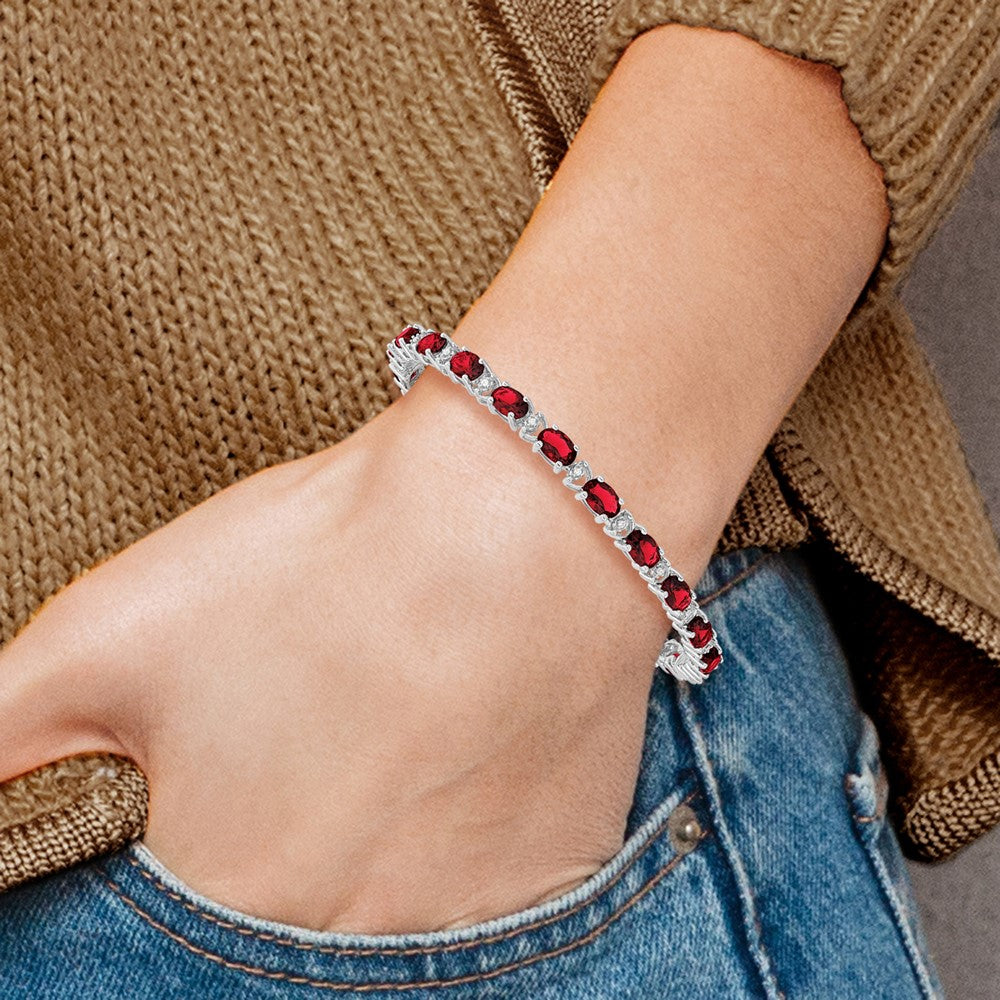 14k White Gold Oval Created Ruby and Natural Diamond Bracelet