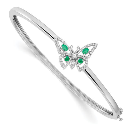 14k White Gold Emerald and Natural Diamond Butterfly Bangle