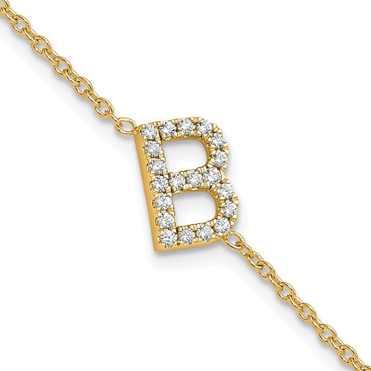 14k Yellow Gold Natural Diamond Sideways Letter B w/ 1in ext. Bracelet