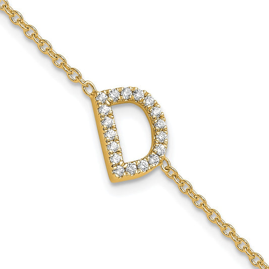 14k Yellow Gold Natural Diamond Sideways Letter D w/ 1in ext. Bracelet
