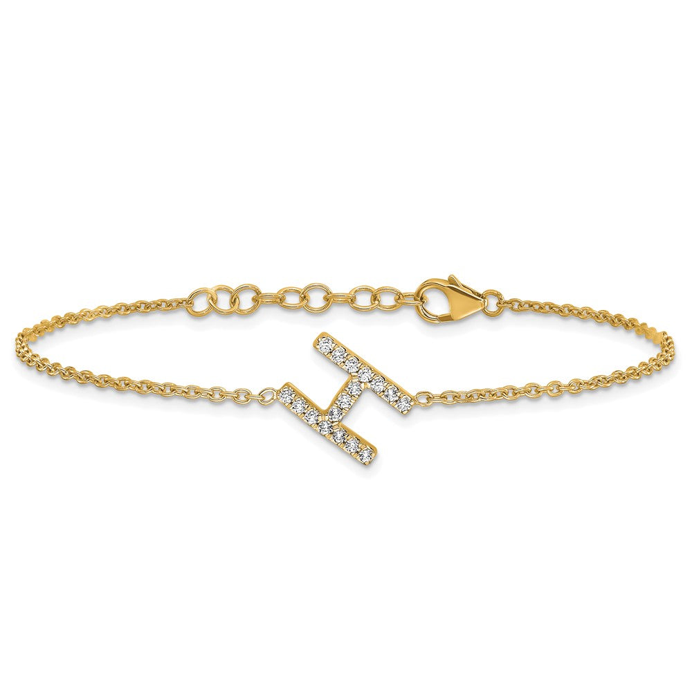 14k Yellow Gold Natural Diamond Sideways Letter H  w/ 1in ext. Bracelet