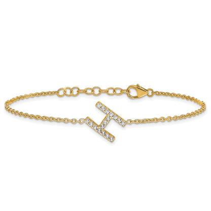 14k Yellow Gold Natural Diamond Sideways Letter H  w/ 1in ext. Bracelet