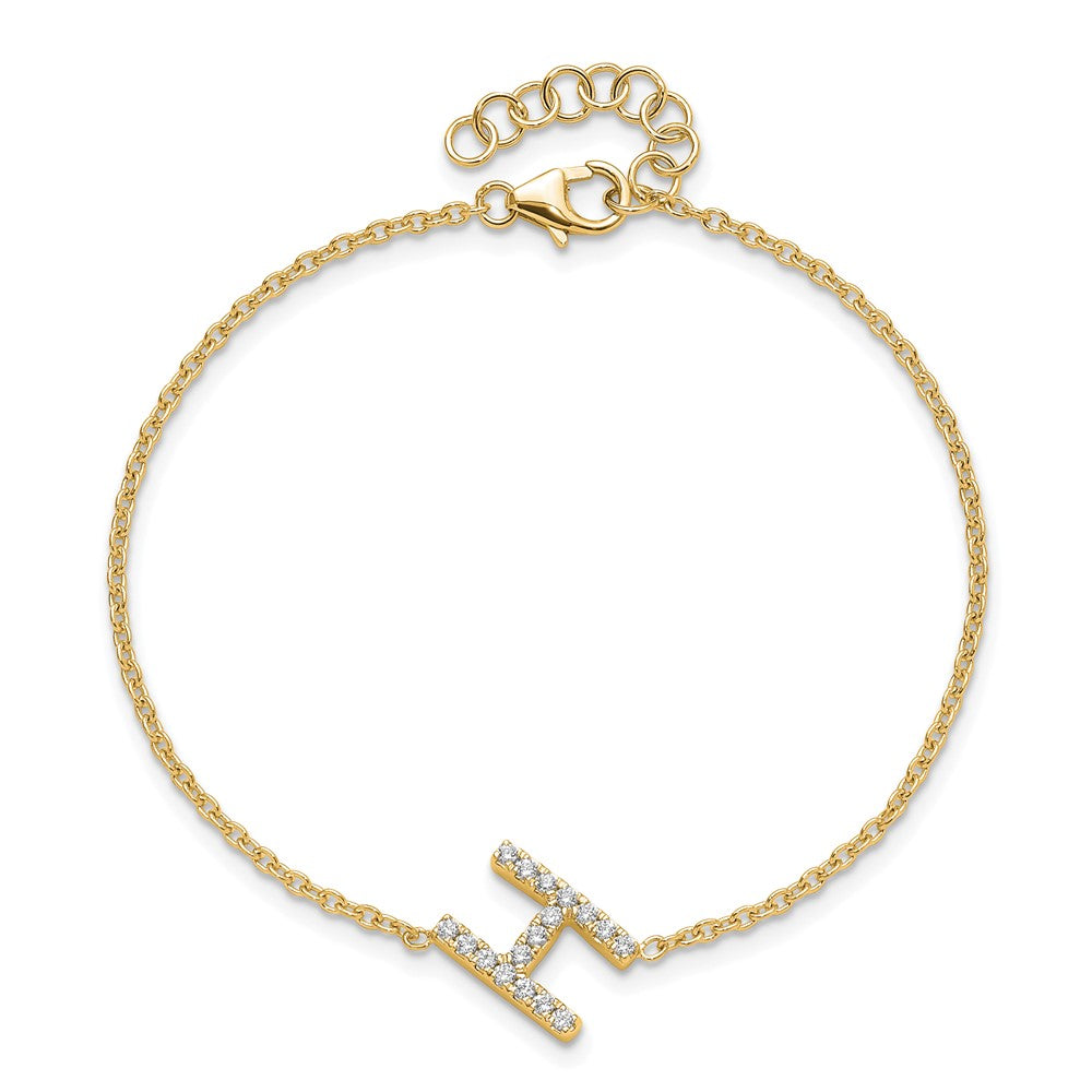 14k Yellow Gold Natural Diamond Sideways Letter H  w/ 1in ext. Bracelet