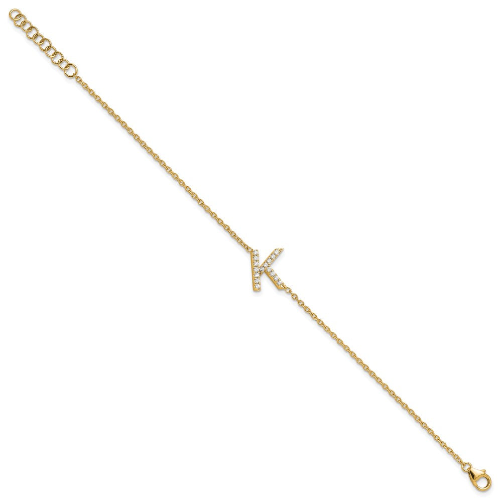 14k Yellow Gold Natural Diamond Sideways Letter K w/ 1in ext. Bracelet