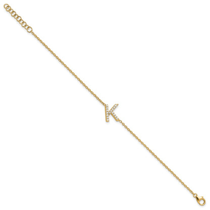 14k Yellow Gold Natural Diamond Sideways Letter K w/ 1in ext. Bracelet