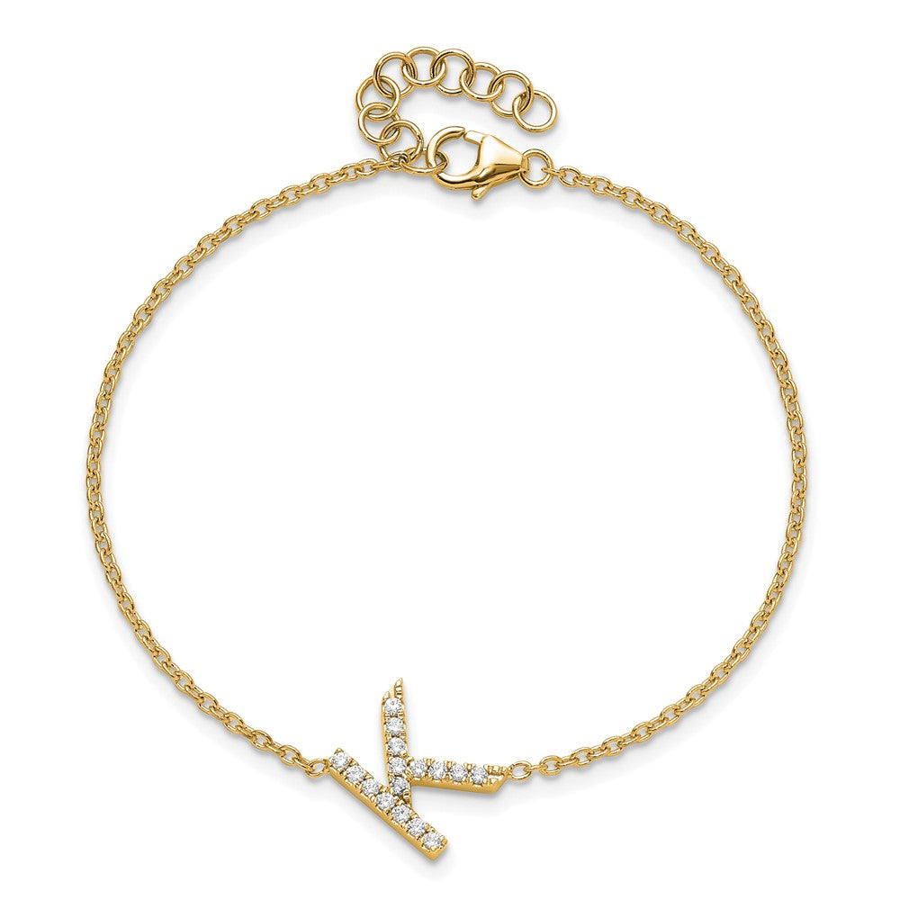 14k Yellow Gold Natural Diamond Sideways Letter K w/ 1in ext. Bracelet