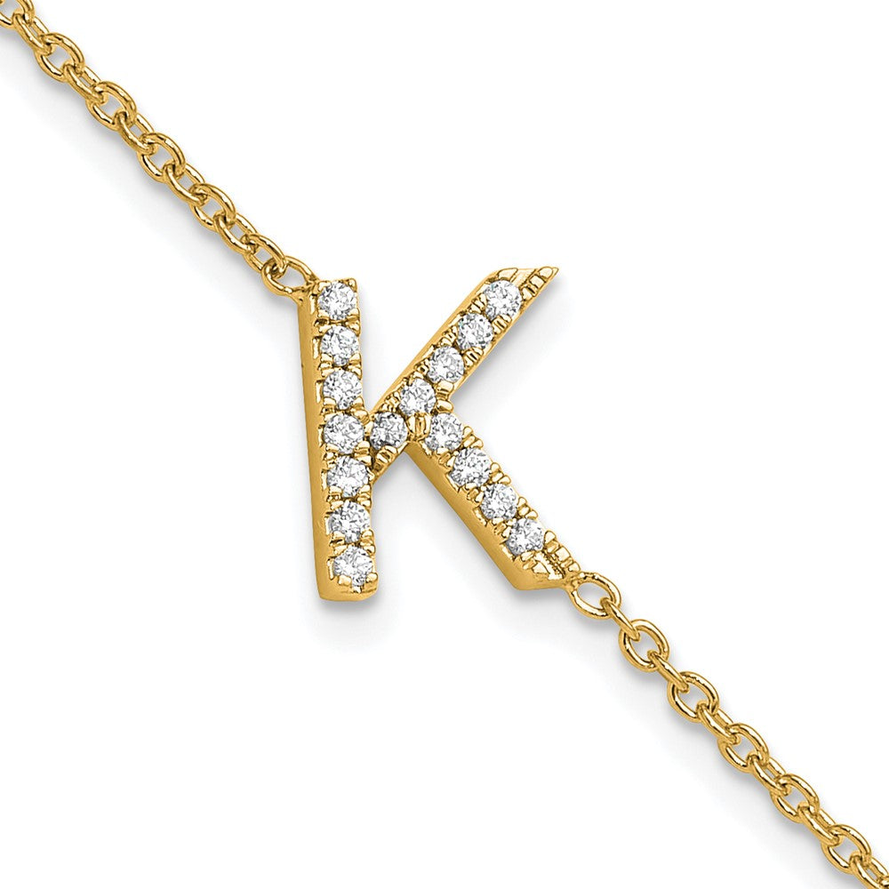 14k Yellow Gold Natural Diamond Sideways Letter K w/ 1in ext. Bracelet
