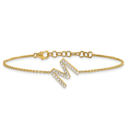 14k Yellow Gold Natural Diamond Sideways Letter M w/ 1in ext. Bracelet