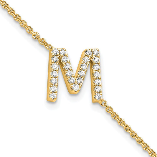 14k Yellow Gold Natural Diamond Sideways Letter M w/ 1in ext. Bracelet