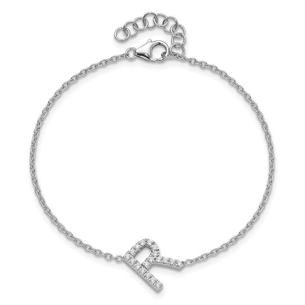 14KW Natural Diamond Sideways Letter R w/ 1in ext. Bracelet